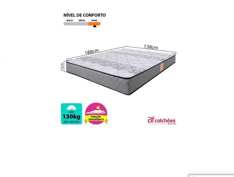 Promoção de Colchão Casal Ortopédico Firme Espuma D33 Antialérgico Certificado 138x188x17cm – BF Colchoes