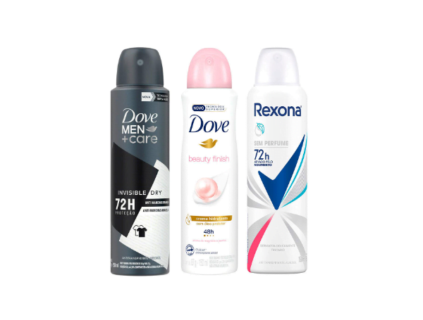 Promoção de Antitranspirante Aerosol Dove Men+Care Invisible Dry + Dove  Beauty Finish + Rexona sem Perfume 150ml – 3 Unidades