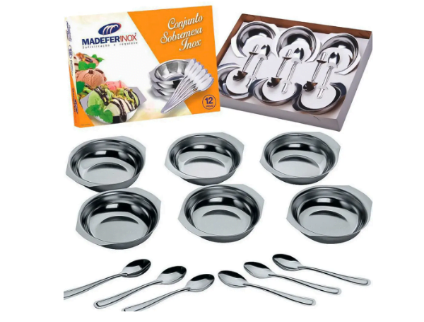 Promoção de Conjunto sobremesa inox com 12 peças 6 tigelas 6 colheres kit com taças e talheres LN Shop