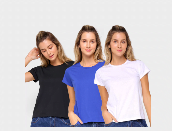 Promoção de Kit Camiseta Burn Básica c/ 3 Peças Feminina – Preto + Azul