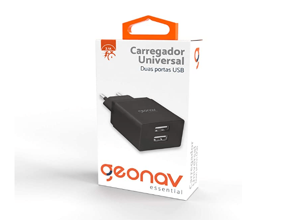 Promoção de Carregador de Parede universal 2.1A, 2 portas USB, Bivolt, Preto, ESACB2, Geonav