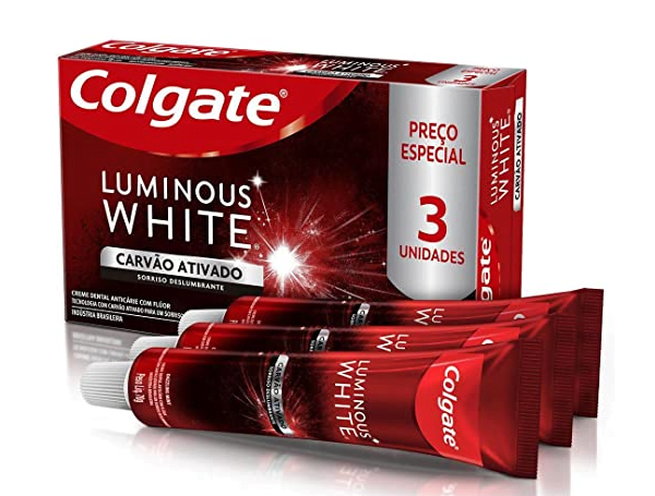 Promoção de Creme Dental para Clareamento Colgate Luminous White Carvão Ativado 3 unidades