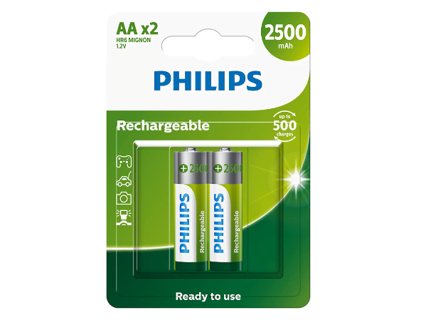 Promoção de Pilha Philips recarregável AA 1.2V 2.500mAh com 2 unidades R6B2RTU25/59